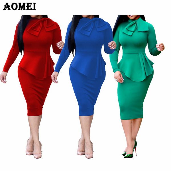 

Modest Women Dress Fake 2 Pieces Set Elegant Ladies Officewear with Bowtie Femme Package Hip Tight Robes Femme Autumn Clothing