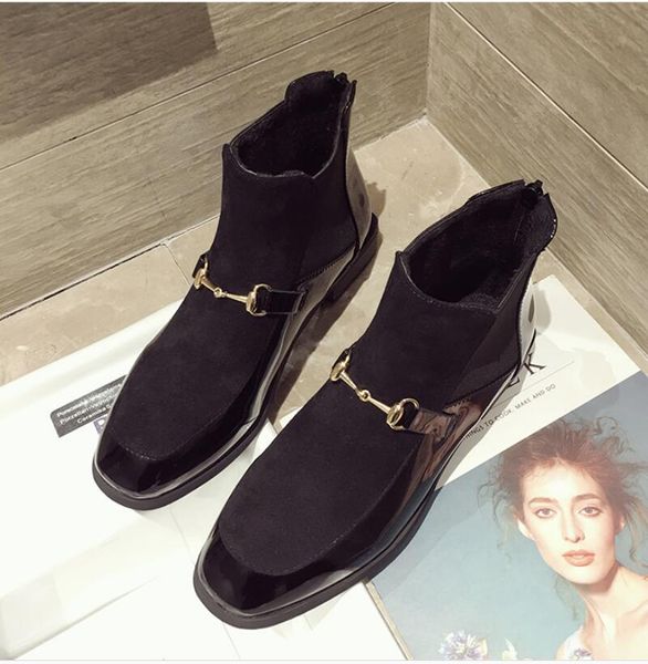 

winter flat heel round toes short boots womens ladies shoes ankle boot martin boots motorcycle boots metal buckle, Black