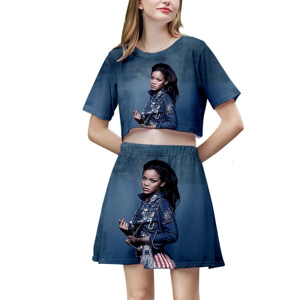 

3d colour rihanna printing skirt short t shirt suit, Black;blue