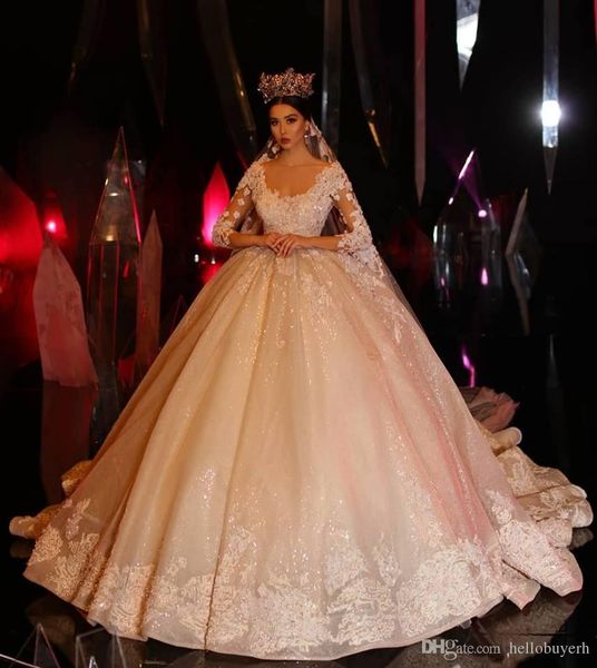 

luxury crystal princess long sleeve ball gown wedding dresses lace applique 2019 new wedding gowns with long veil vintage gothic dress, White