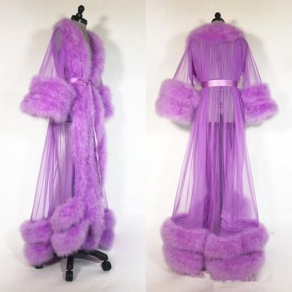 Roxo penas Robe mangas compridas 2020 Fur Partido Pijamas Custom Made Nightgown Robes Puffy saia Fotografia Boudoir Pijama