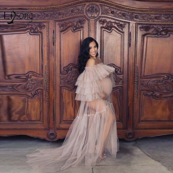 

2020 fashion see thru tulle evening dresses for pregnant woman custom made side ruffles tiered a line prom gowns, Black;red