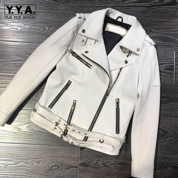

2019 spring white luxury sheepskin real leather jacket women slim fit jaqueta de couro buckle motor biker lady windbreaker coat, Black
