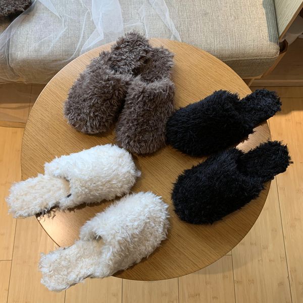 

fur shoes slippers flat low luxury slides slipers women loafers cover toe flock plush designer 2019 rubber rome with fur basic, Black