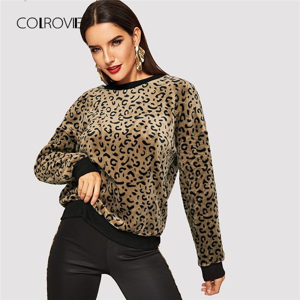 

colrovie leopard print drop shoulder korean sweatshirt women clothes 2018 winter fashion warm pullover streetwear sweatshirts, Black