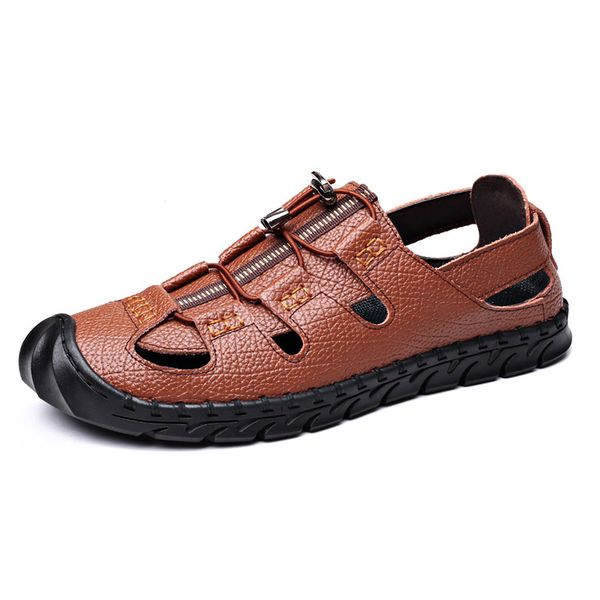 

100% genuine leather shoes men beach sandals non-slip men summer shoes flat cow leather casual summer footwear ka2313, Black