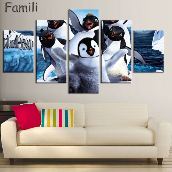 

5 панелей большой плакат hd напечатаны масляной живописи пингвин живопись отпечатки на холсте искусства домашнего декора стены художественны