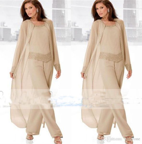 

2019 Champagne Three Piece Mother of the Bride Pant Suits with Long Jackets Long Sleeves Beaded Chiffon Mother Plus Size Wedding Guest Dress