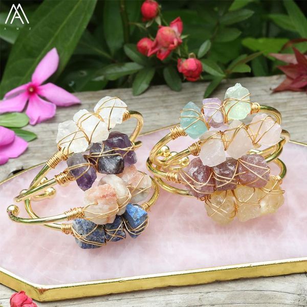 

fashion women fluorite stone chunky beads open bangles natural amethysts citriens quartz gold cuff bangles bracelets jewelry, Golden;silver