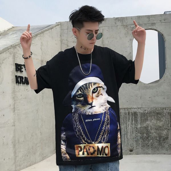 

men's t-shirt 2019 summer new slim five-minute sleeve animal print loose casual round collar individuality youth men's wear, White;black