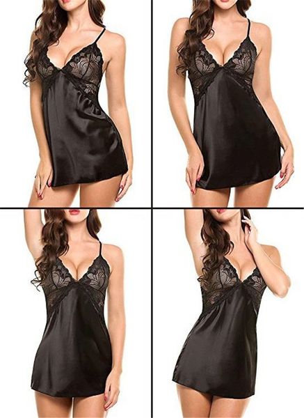 

strap perspective cross dresses deep v neck underwear womens lace backless pyjamas spaghetti, Black;white