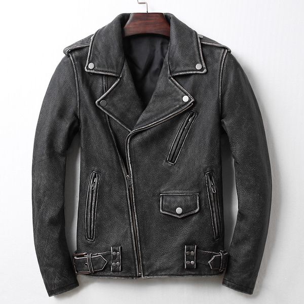 

2019 new arrivals men's vintage slim fit motorcycle leather jacket with diagonal zipper cow leather biker jacket men rivet belt, Black