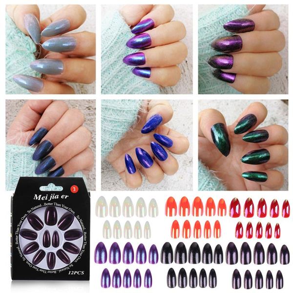 

12 pcs/box mirror chrome nail tips false nails+pre-glue metallic/matte stiletto fake nails fingernails nail art manicure tools, Red;gold