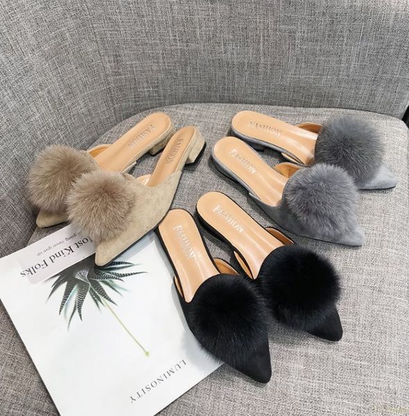 

pointed toe flat heels shoes women closed toe slip-on slippers mujer furry hair ball slides mules shoes sandals, Black