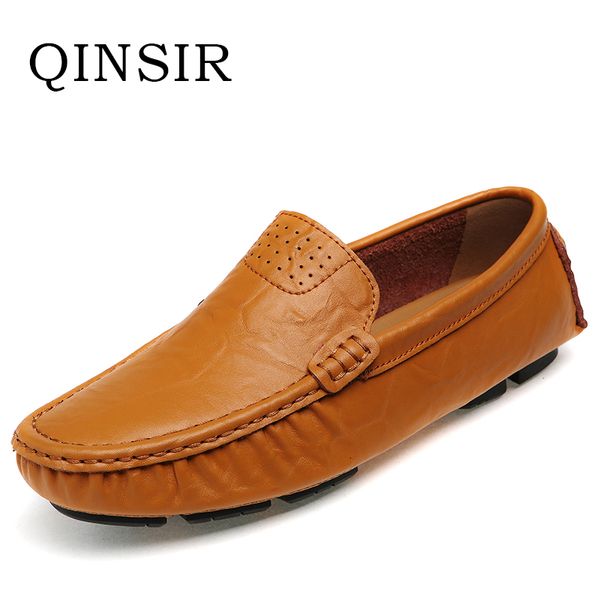 

qinsir genuine leather men shoes soft slip on loafers fashion big size mens flats comfy driving shoes plus size, Black