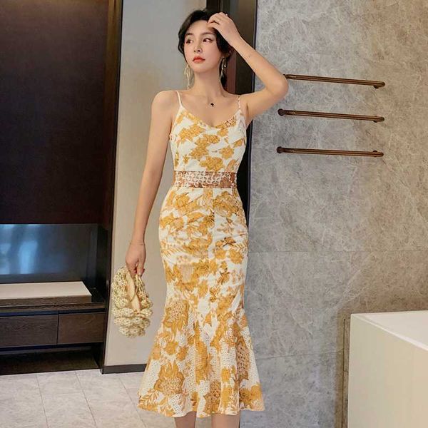

casual dresses print flower summer beach dress woman hollow out bodycon yellow trumpet spaghetti strap ladies sundress, Black;gray