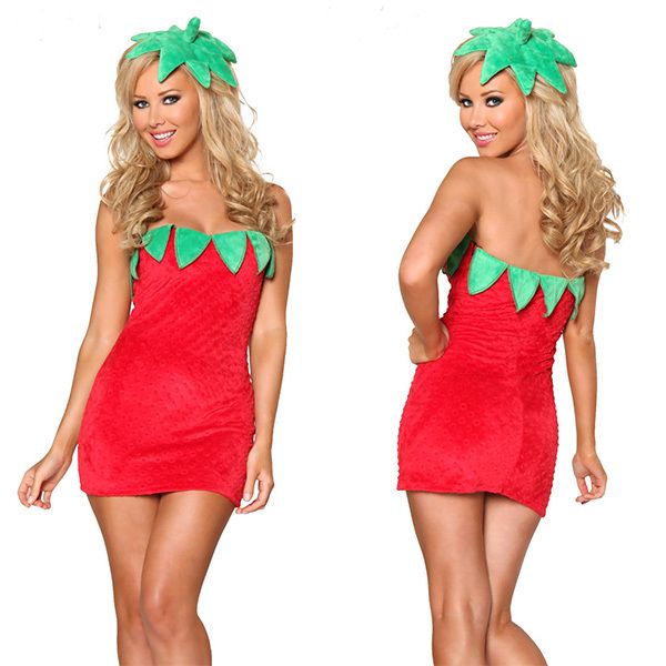 

new fruit girl halloween party costume sleeveless ladies fancy dress strawberry costume for women wholesale mascot, Red;yellow