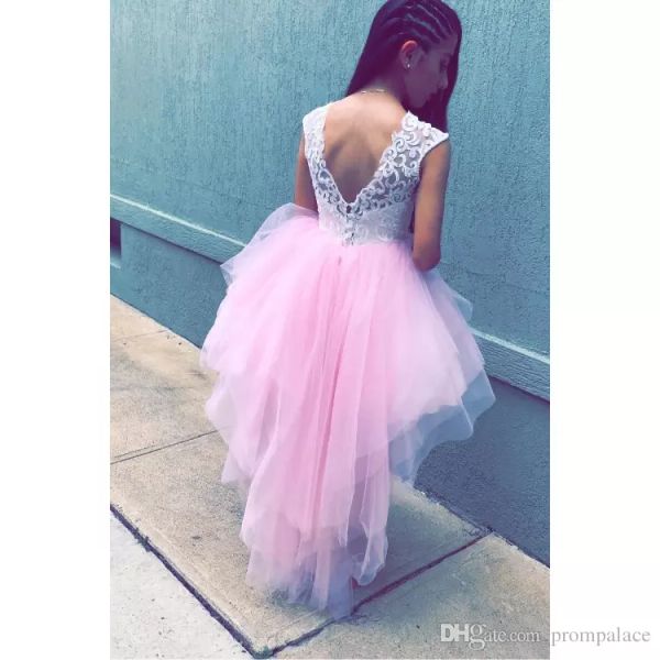 Bonito Alta Baixa Flor Menina Vestidos de Renda Branca Apliques E Tule Rosa Sexy de Volta Aniversário Crianças Comunhão Vestidos