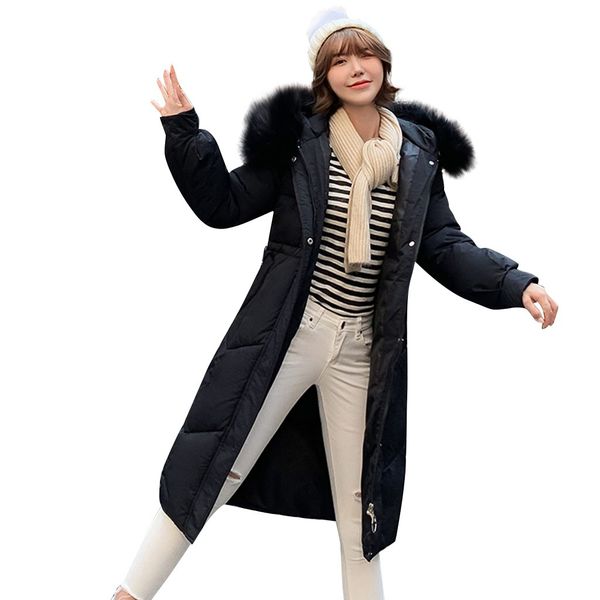 

manteau femme winter coat outerwear long sleeve hooded jackets cotton-padded pockets bandage coats abrigos mujer invierno 2019, Black