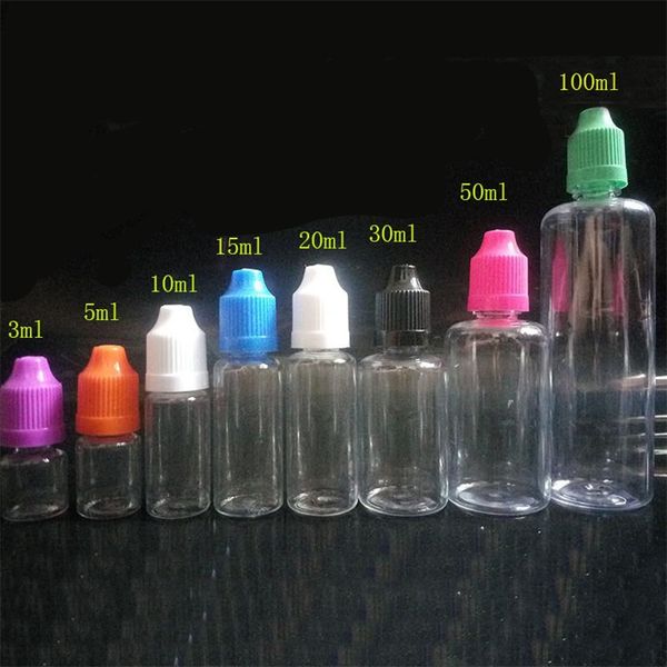 Flacone di plastica E-liquid 3ml 5ml 10ml 15ml 20ml 30ml 50ml 100ml Flacone contagocce Bottiglie per aghi in PET a prova di bambino Punte lunghe e sottili