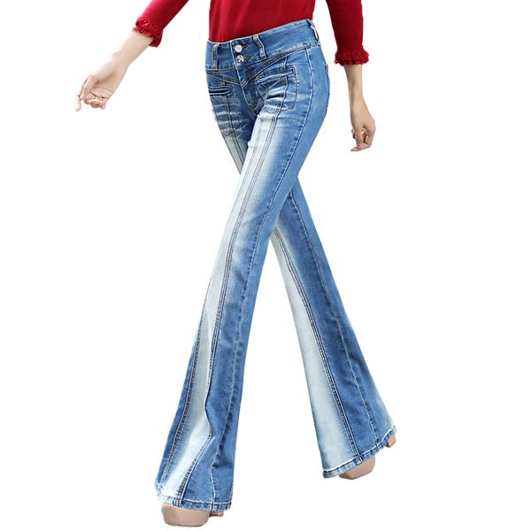 

2020 spring autumn women embroidery high waist flare jeans female slim chinese style plus size distressed jeans black blue y673