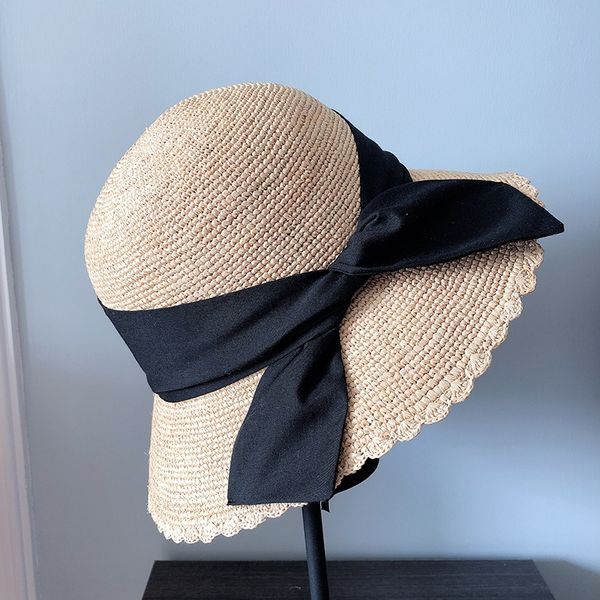 

summer sun bowknot butterfly butterfly casual basin hand hook lady lafite hat foldable sun hat, Blue;gray