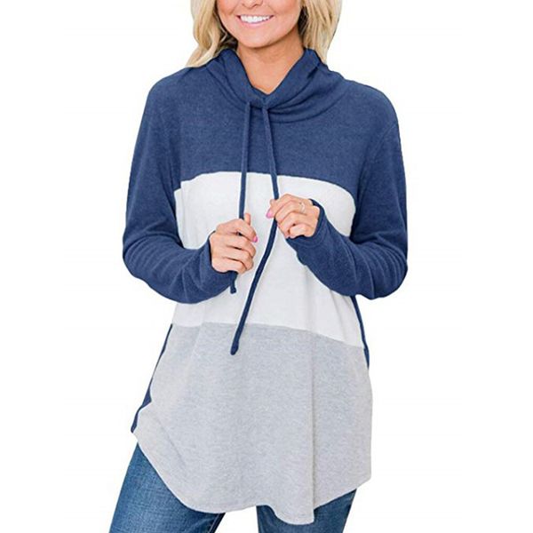 

female autumn stripe long-sleeved t-shirt women drawstring high-collar color matching three-color long t-shirt plus size, White