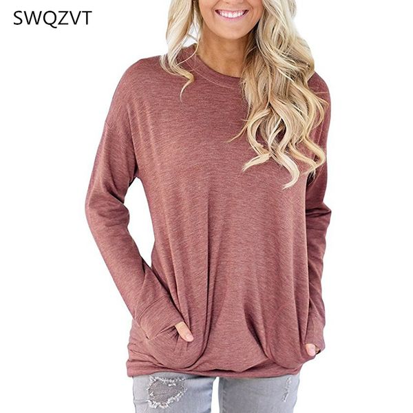 

autumn winter women t-shirts fashion casual round-neck pocket long sleeve women tees ladies female streetwear shirt 2019, White