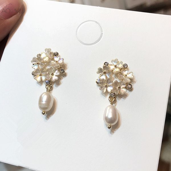

aomu sweet s925 sterling silver pin freshwater pearl flower rhinestone dangle drop earrings for women girl wedding jewelry gift