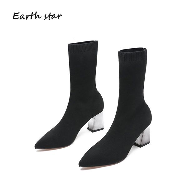 

botas mujer 2019 casual shoes women sock boots elasticity fashion pointed-toe mid calf boots women ladies footware black