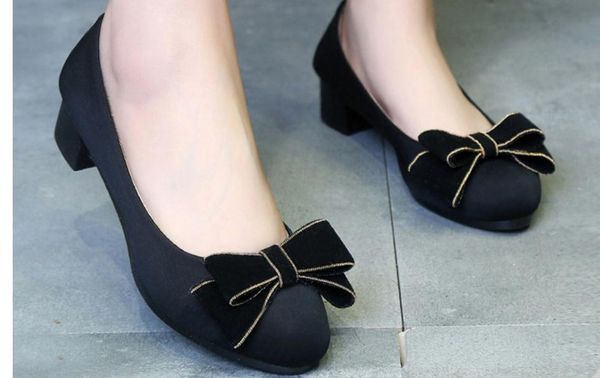 

2019 women's shoes in spring and autumn with new style middle heel coarse heel round head bowknot suede@2098, Black