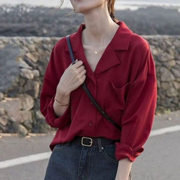 

women vintage solid color v collar chiffon shirt loose single-breasted long sleeve blouse wine red black new, White