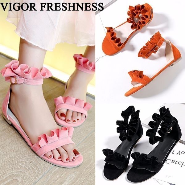 

VIGOR FRESHNESS Woman Summer Sandals Flat Heels Shoes Women Sandals Flower Lady Shoes Sweet Big Sizes 48 49 Open Toes MY137, Black