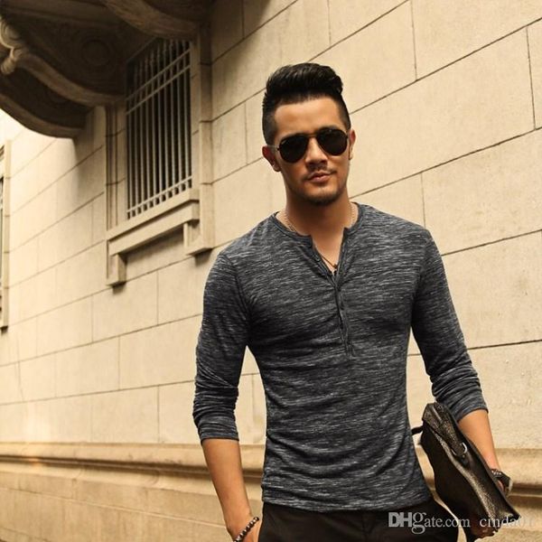 

8 colors new mens t shirts long sleeves button fold design fashion casual slim shirt o-neck henry shirt, White;black
