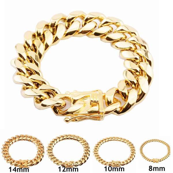 

8-18mm cuban miami chain bracelet gold stainless steel box lock link chains bracelets & bangles for men hip hop rock jewelry, Golden;silver