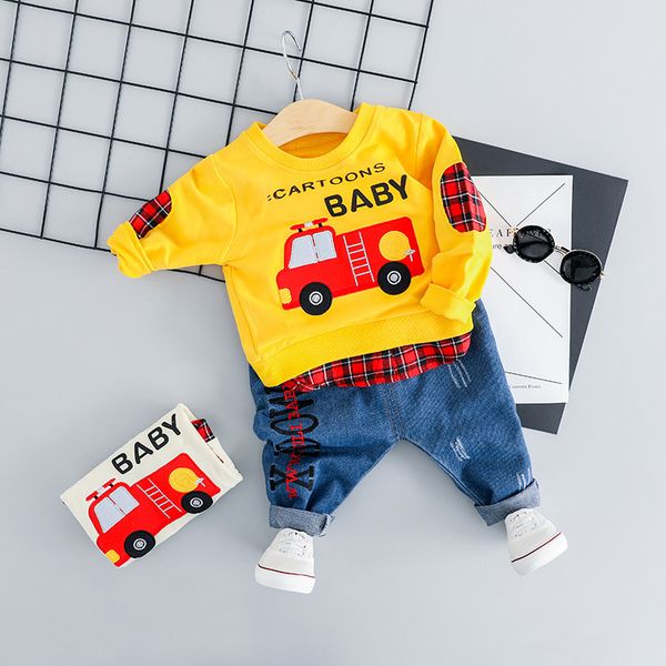 

baby boy casual car clothes set 2019 spring cartoon clothing for toddler letter t shirt + jean pants outfit 1 2 3 4 years, White