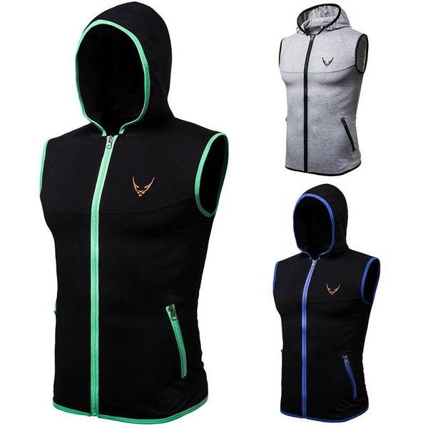 

mens casual fashion sport vest summer fall wear sleeveless fitness coach clothes hood fit jacket outdoor running sports male garment s-xxxl, Black;white