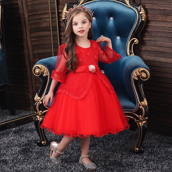 

golden shield new girl dress autumn and winter children' dress princess skirt lace half sleeve performance clothes girls pageant dress, White;red