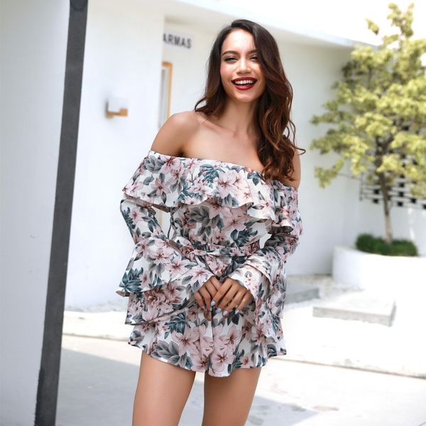 

off shoulder ruffle flare sleeve casual playsuit plus size rompers womens jumpsuit summer floral print one piece overalls 81616, Black;white