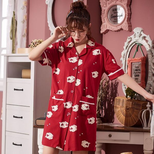 

summer cute women sleepwear short sleeve nightdress comfortable cotton piggy lapel cardigan home wear loose sleeping shirts, Black;red