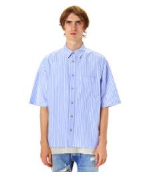 

big for sam summer new mens hem split chain striped shoulder shirt short sleeve shirt wild mens shirt, White;black