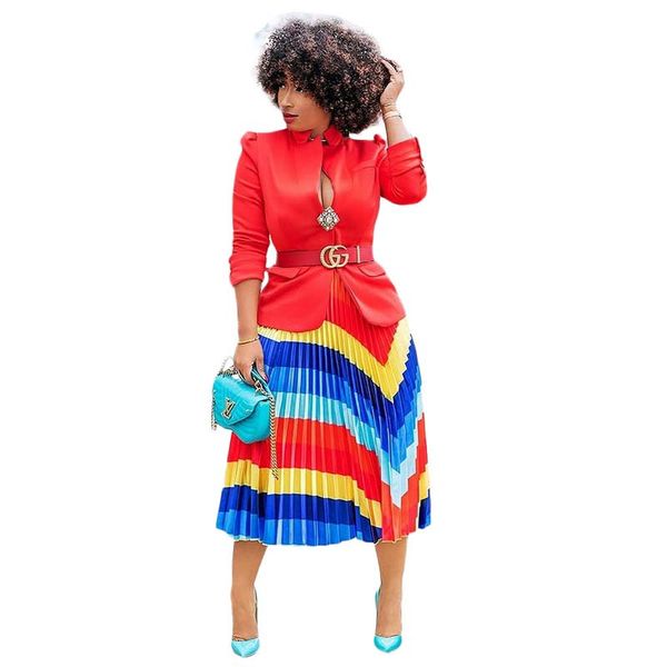 

africa clothing multicolor printed pleated skirt women new spring bottom holiday beach boho party club, Red
