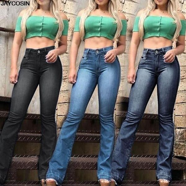 

jaycosin jeans women flare jeans mid waist bell stretch slim pants length jean 2020 new boyfriend for women, Blue
