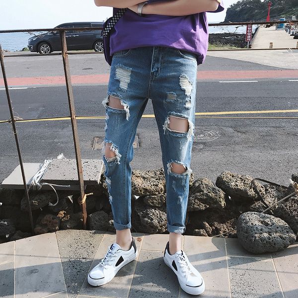 

korean version super-pierced jeans, male beggar ulzzang, knee hole, nine-point pants loose trend, Blue