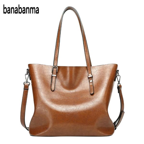 

banabanma women's retro oil wax pu solid color bucket bag tote bag satchel handbag shoulder office ladies hobos zk30