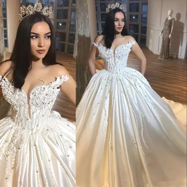 Luxo Árabe Marfim Ball Vestido Vestidos de Noiva Taffetá Puffy Beaded Appliques Plus Size Bidal Vestidos Modest CorSet Top Vestidos de Noiva 2019