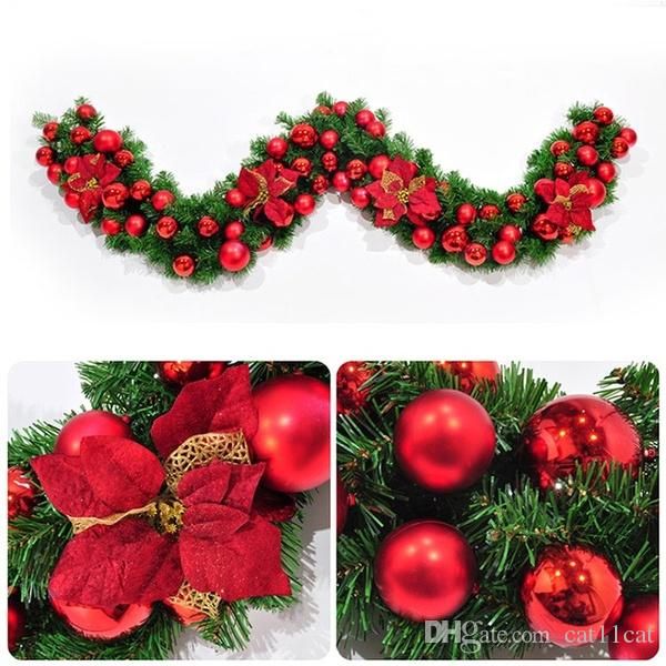 2 7m Gold Red Christmas Leaf Rattan Garland Luxury Bowknot Flower