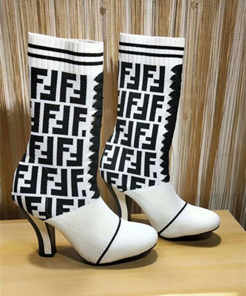 

branded women multicolour fabric rockoko ankle boots designer lady tone-on-tone laces stretch knit breathable high heel boots, Black