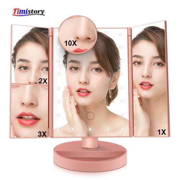 

makeup mirror with 22 lights led table deskmakeup 1x/2x/3x/10x magnifying mirrors 3 folding adjustable mirror touch screen