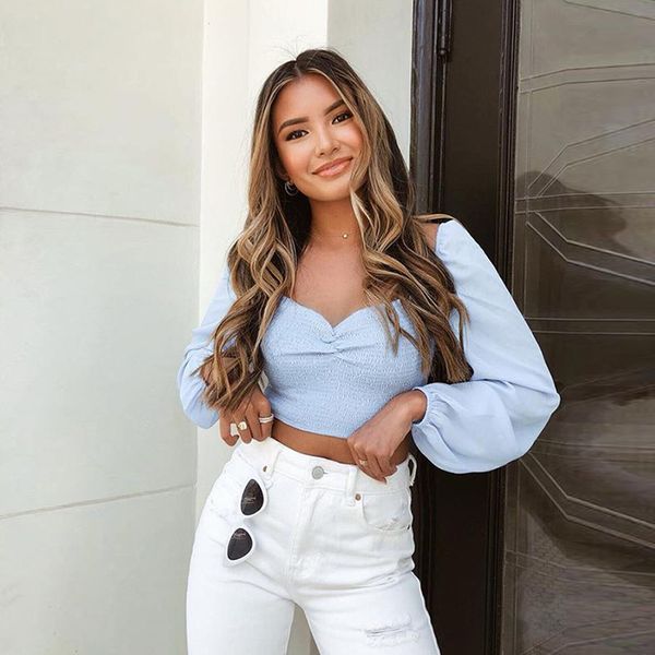 

summer women's new shoulder deng long xiu crop long sleeve t-shirt, White